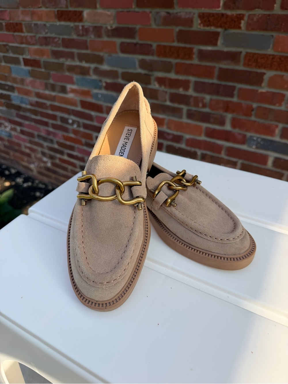 Steve Madden Taupe Suede Chain-Trim Loafers